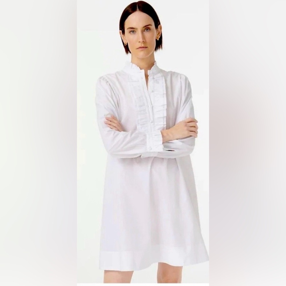 J. Crew White Long Sleeve Ruffle/Tuxedo Shirt Dress Size Medium Petite